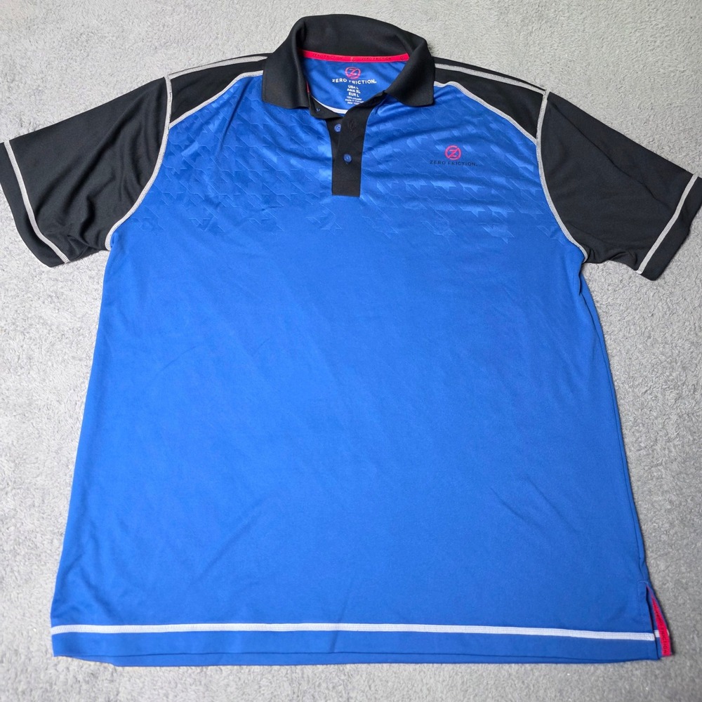 Zero Friction Mens Large Polo Shirt Blue Black Colorblock Geometric Performance